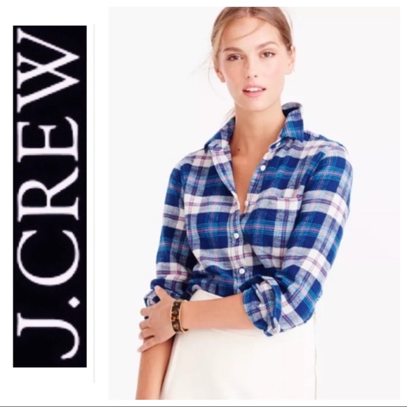 J. Crew Tops - J Crew Shrunken Boy Fit Flannel Shirt in Coral Blue Plaid sz 6